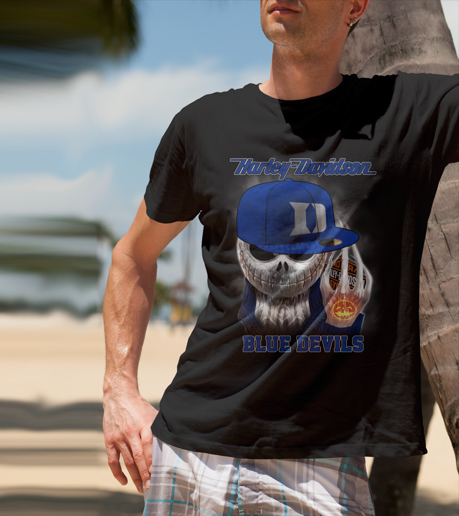 Harley Davidson Skull With Blue Devils Hat And Duke D T-Shirt