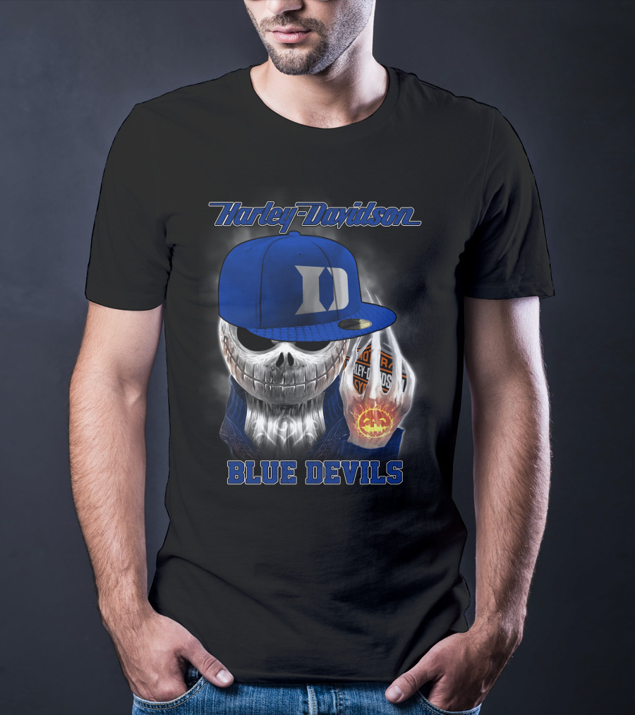 Harley Davidson Skull With Blue Devils Hat And Duke D T-Shirt