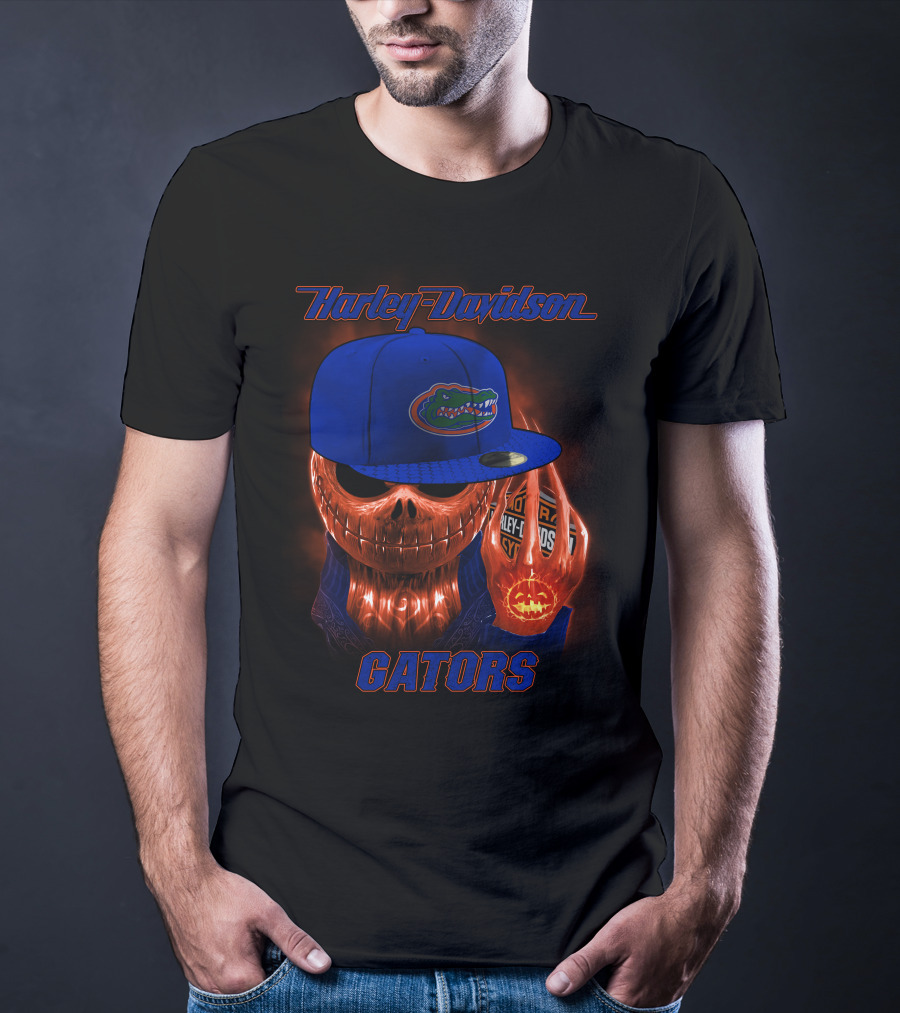 Harley Davidson Halloween Skull With Florida Gators Hat T-Shirt