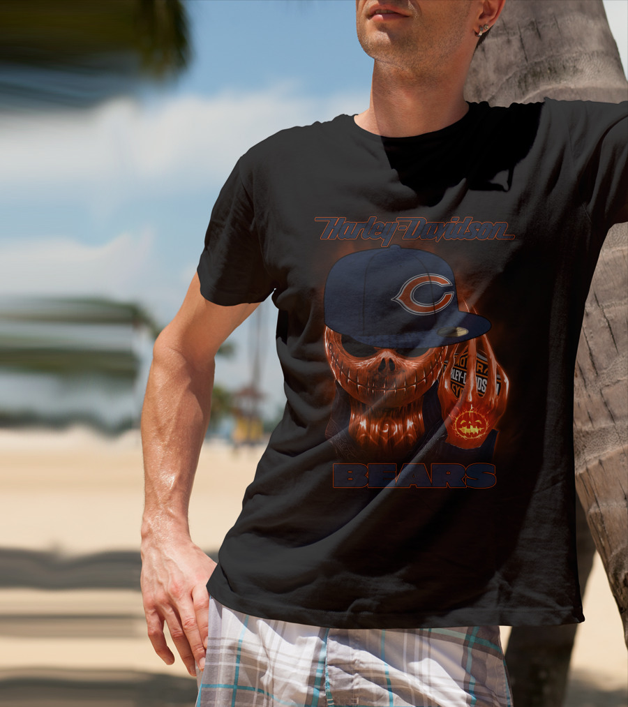 Harley Davidson Chicago Bears Halloween Pumpkin Skull T-Shirt