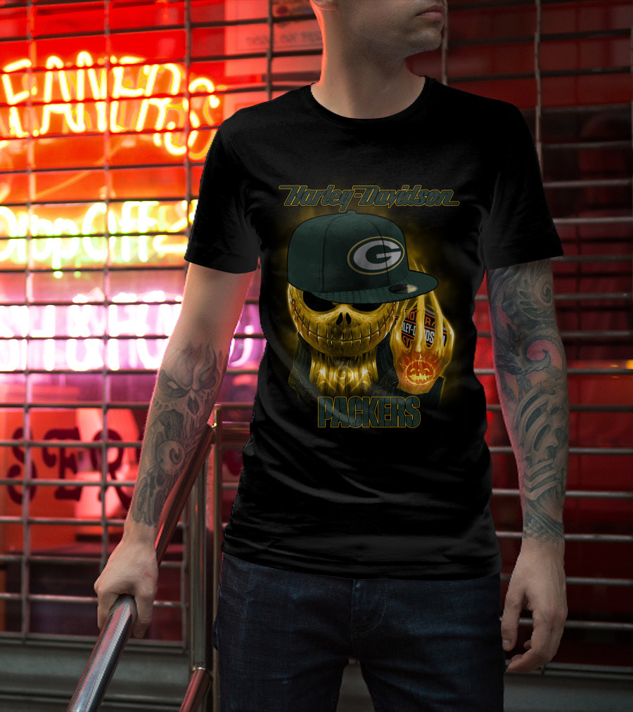 Harley Davidson Green Bay Packers Halloween Skull T-Shirt