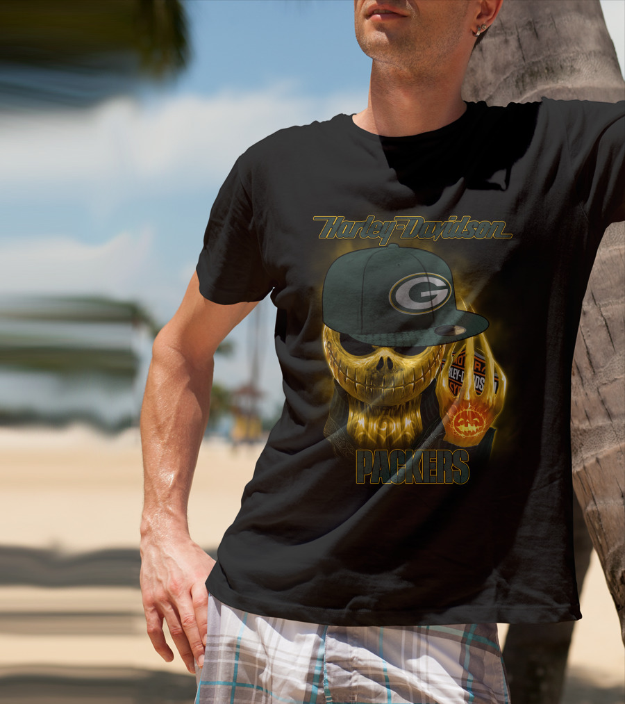 Harley Davidson Green Bay Packers Halloween Skull T-Shirt
