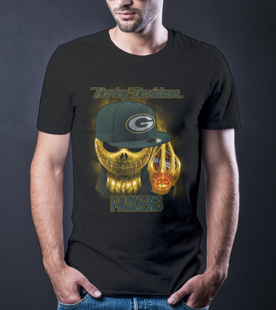 Harley Davidson Green Bay Packers Halloween Skull T-Shirt