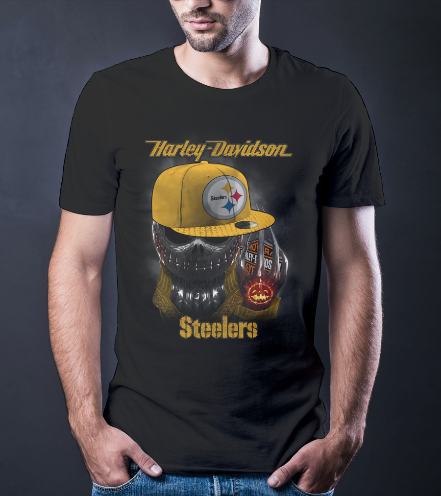 Harley Davidson Steelers Skull With Cap T-Shirt