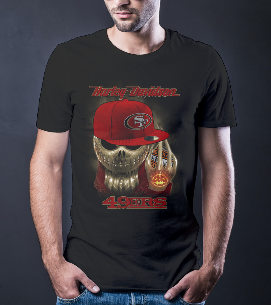 Harley Davidson Skull With San Francisco 49ers Cap T-Shirt