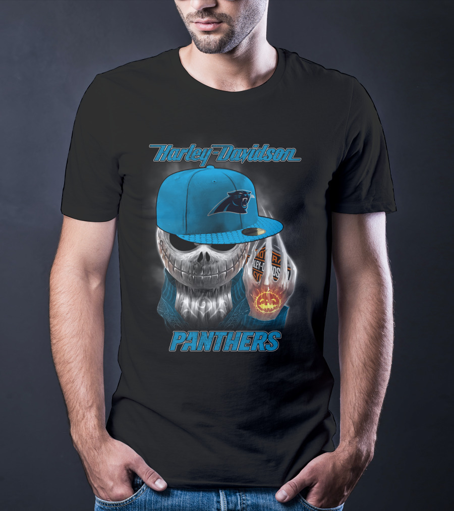Harley Davidson Carolina Panthers Halloween Skeleton T-Shirt