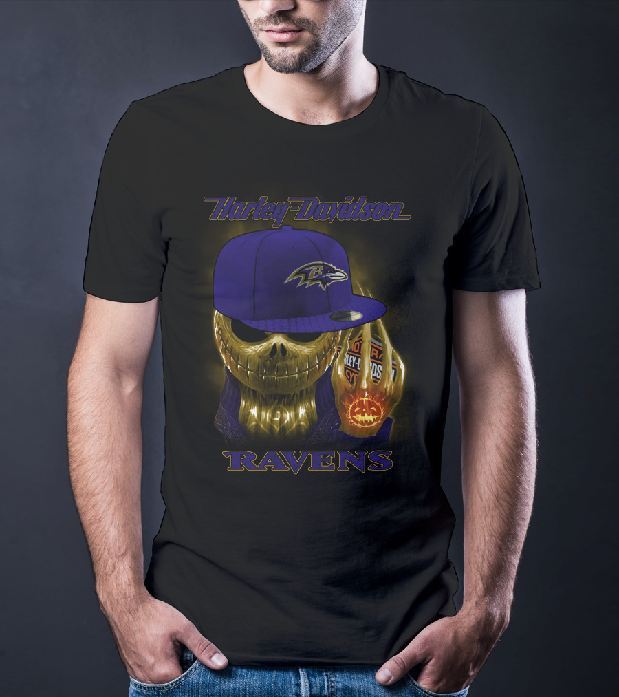 Harley Davidson Ravens Baltimore Skull With Cap T-Shirt