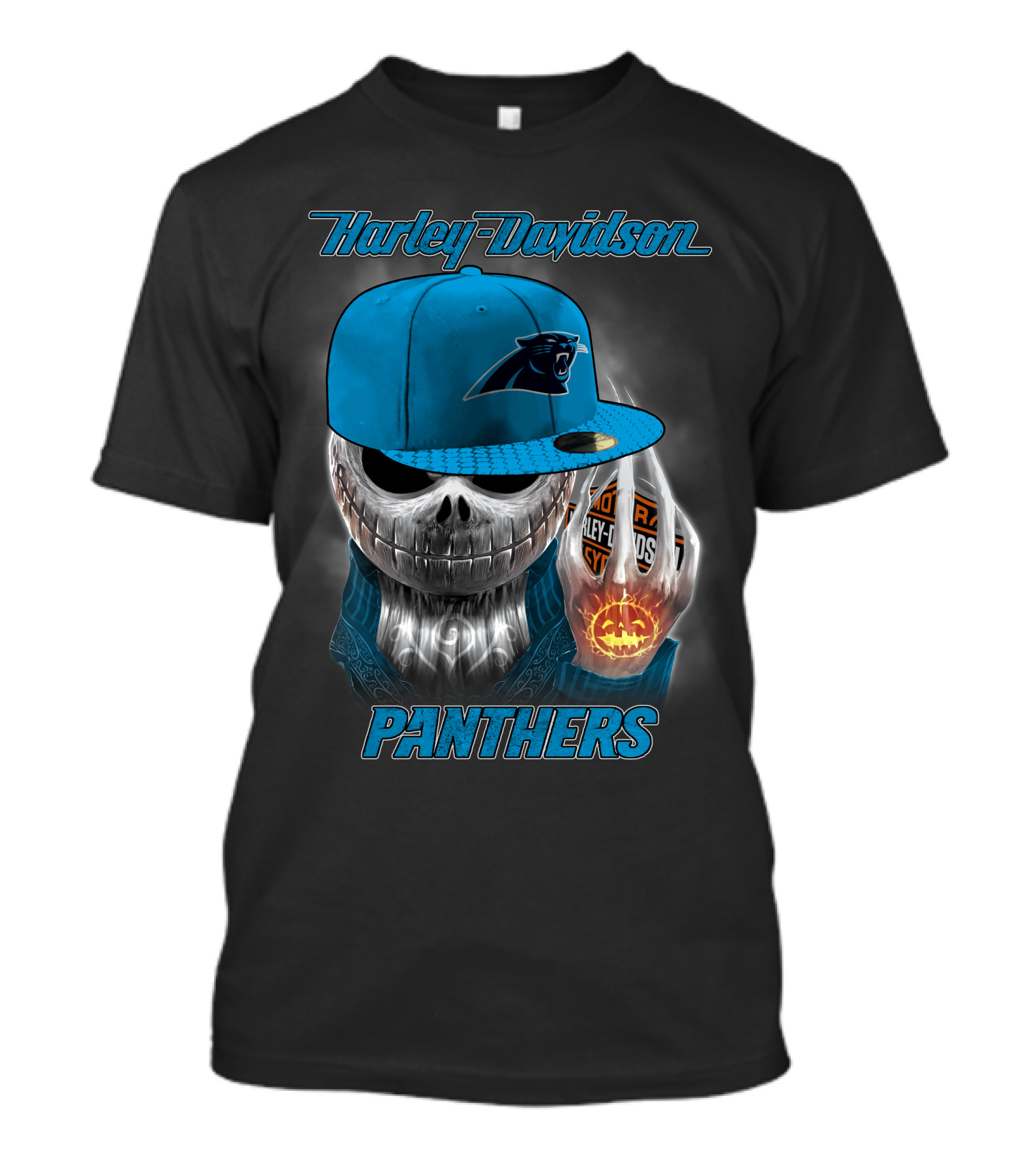 Harley Davidson Panthers Skull In Carolina Panthers Cap With Fiery Pumpkin And Harley Hand T-Shirt
