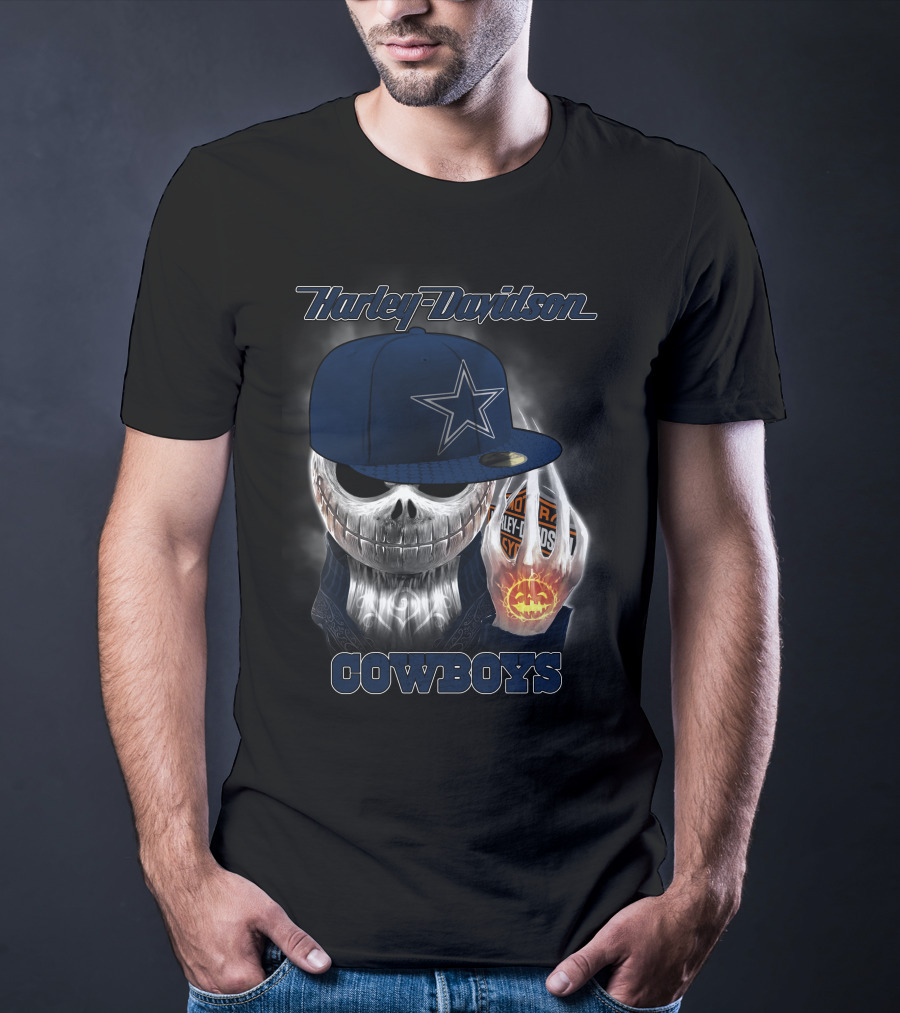 Harley Davidson Cowboys Skull With Dallas Cowboys Cap T-Shirt