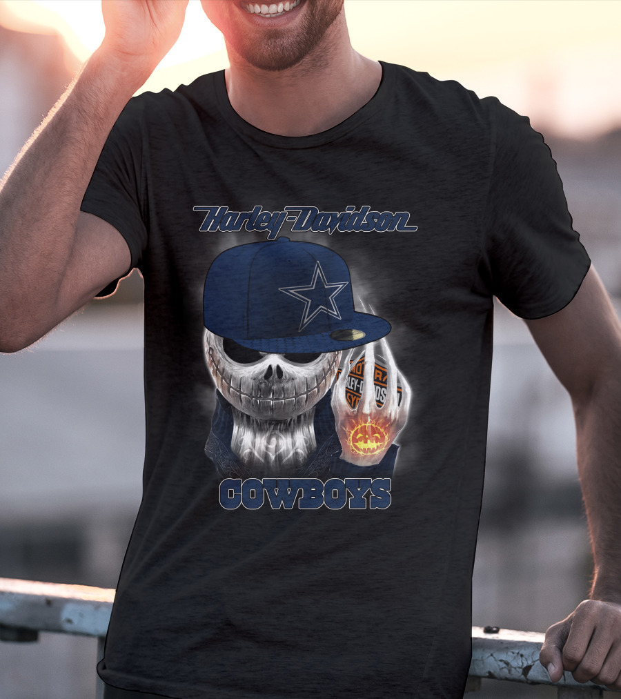 Harley Davidson Cowboys Skull With Dallas Cowboys Cap T-Shirt