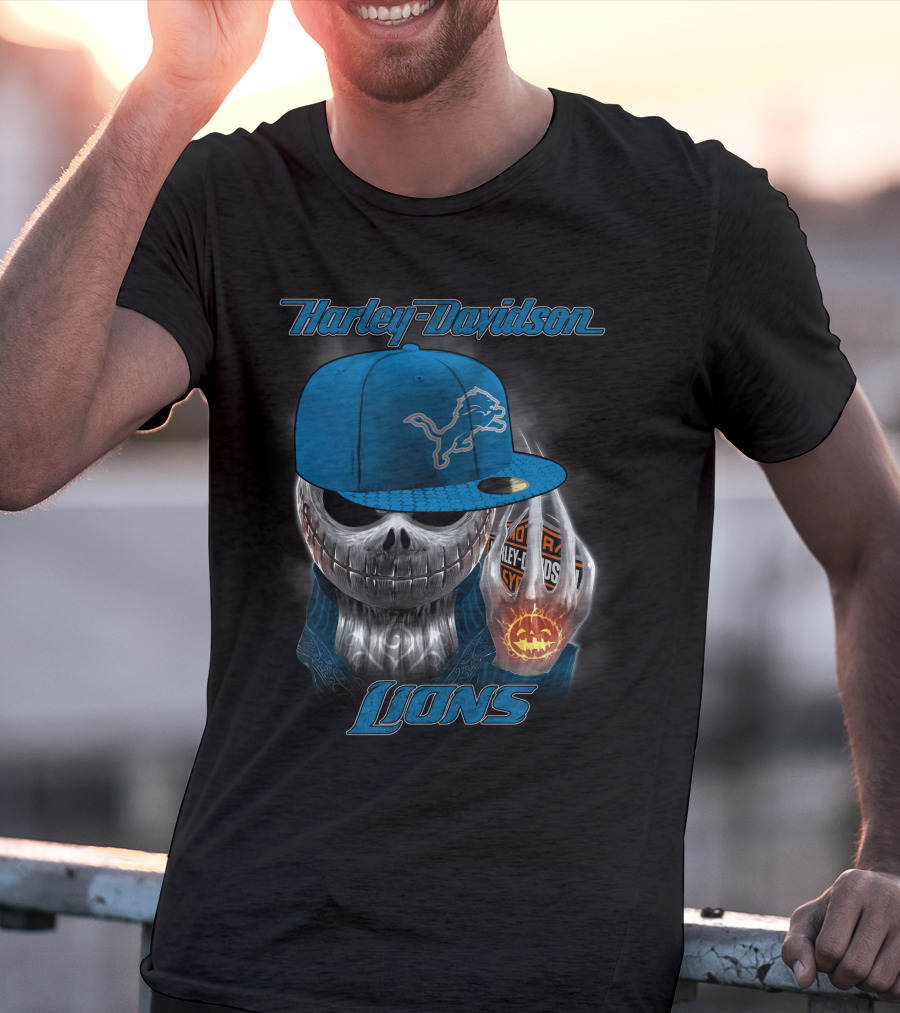 Harley Davidson Detroit Lions Skull With Cap Halloween Pumpkin T-Shirt
