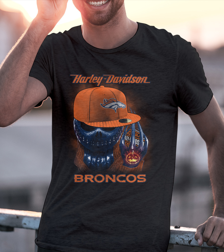 Harley Davidson Broncos Denver Broncos Skull With Hat T-Shirt