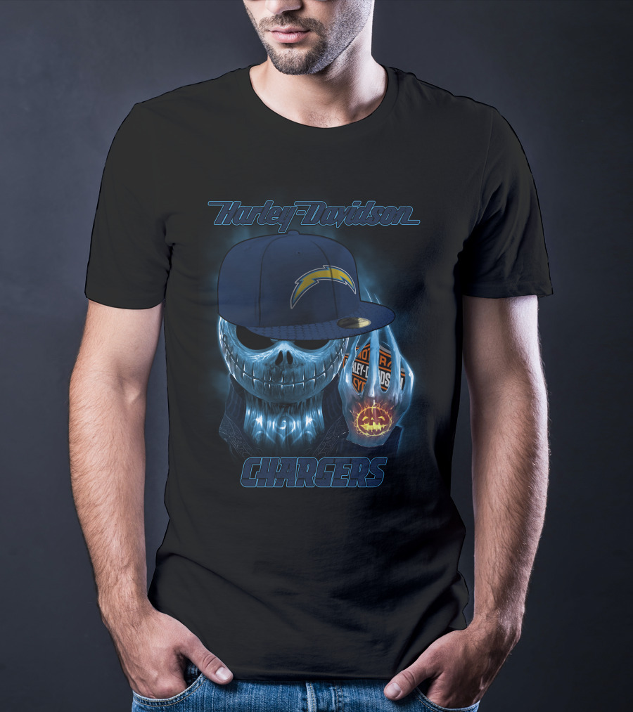 Harley Davidson Los Angeles Chargers Halloween Skeleton With Cap T-Shirt