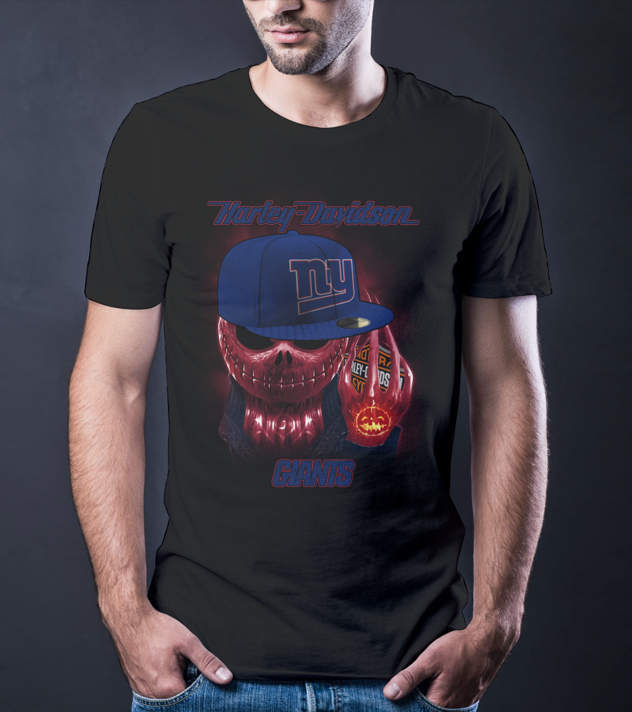 Harley Davidson New York Giants Skull With Cap And Pumpkin Lights T-Shirt