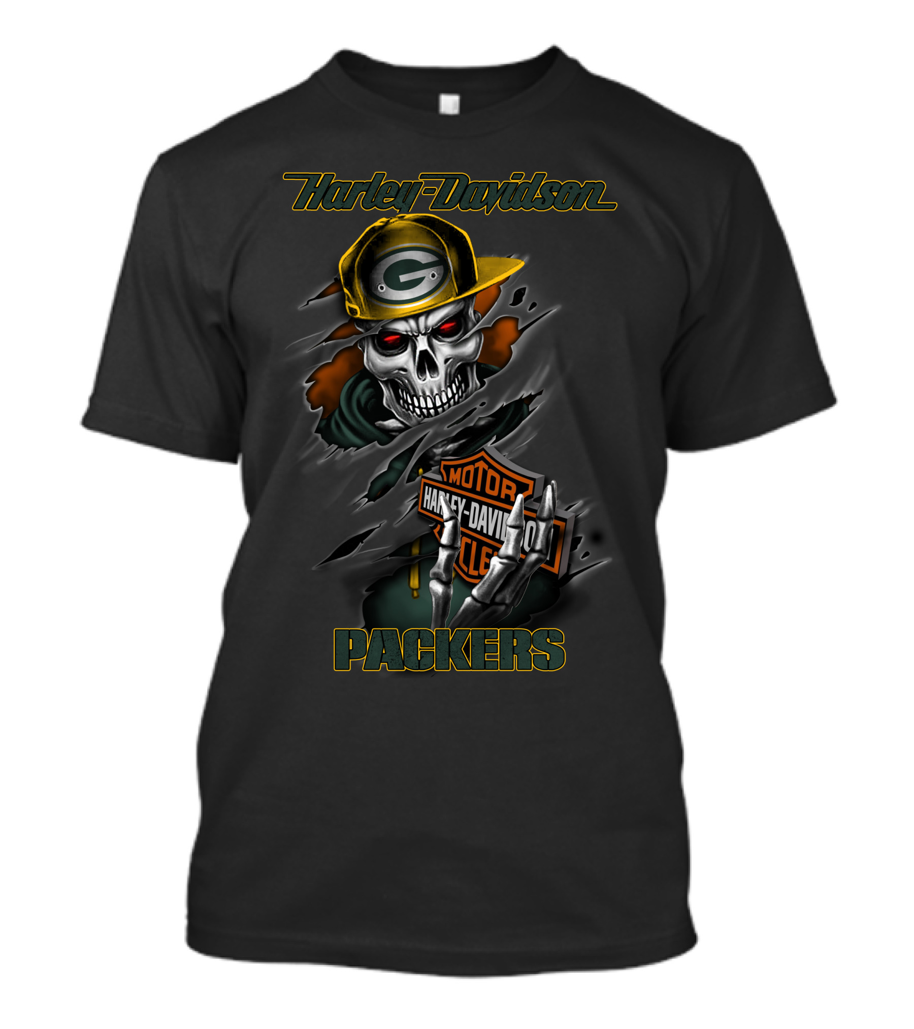 Harley Davidson Packers Skeleton In Green Bay Cap T-Shirt