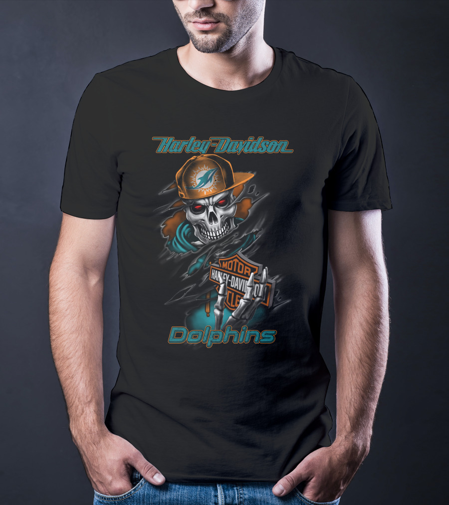 Harley Davidson Dolphins Motorcycle Skeleton With Miami Dolphins Cap T-Shirt