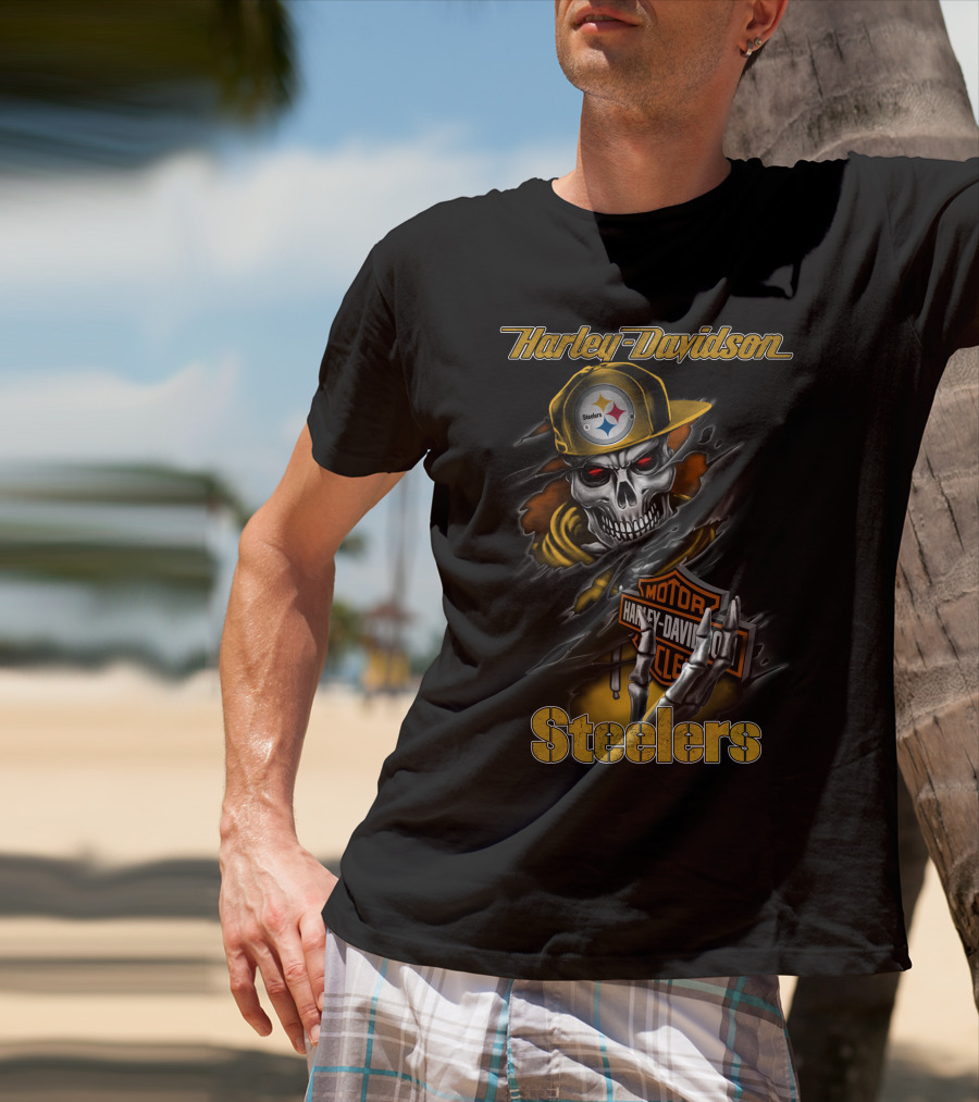 Harley Davidson Steelers Skeleton With Pittsburgh Steelers T-Shirt