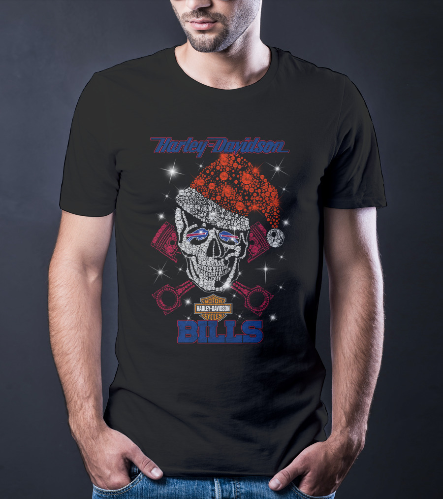 Harley Davidson Motor Cycles Santa Skull Buffalo Bills T-Shirt