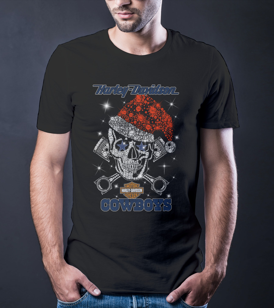Harley Davidson Motor Cycles Cowboys Christmas Skull Santa Hat T-Shirt