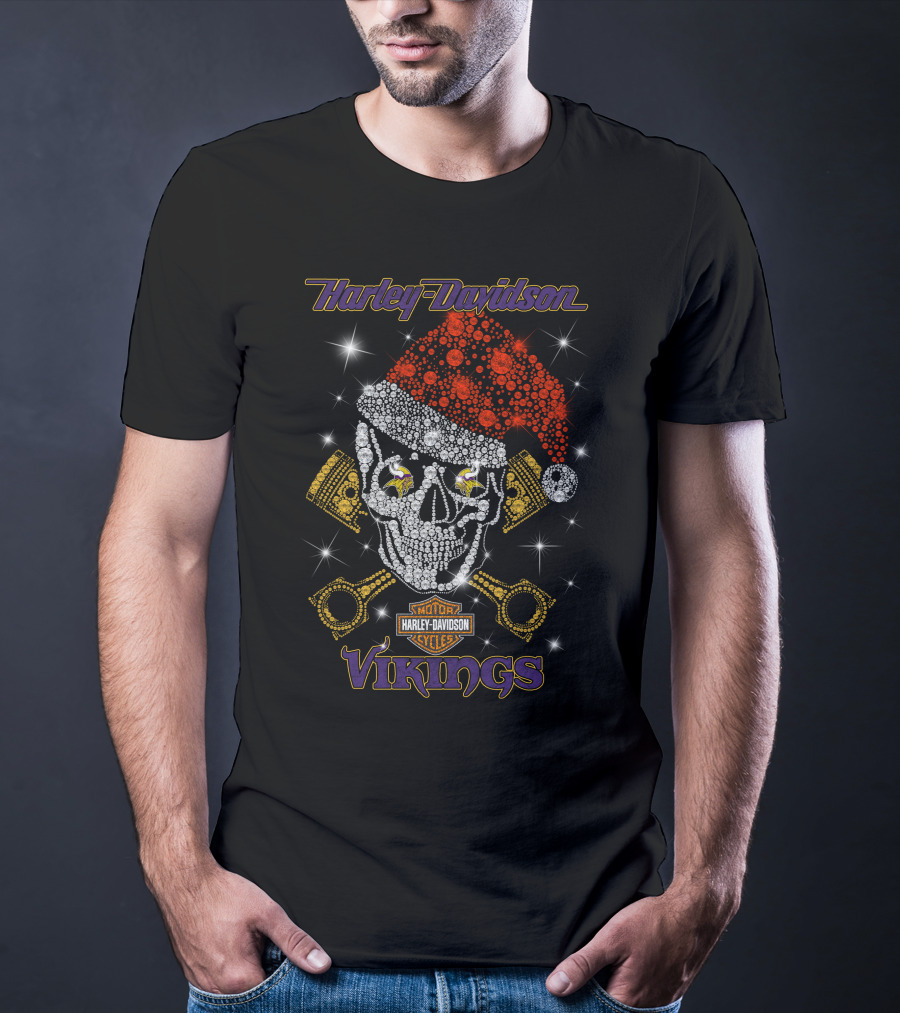 Harley Davidson Christmas Skull Motorcycles Minnesota Vikings T-Shirt