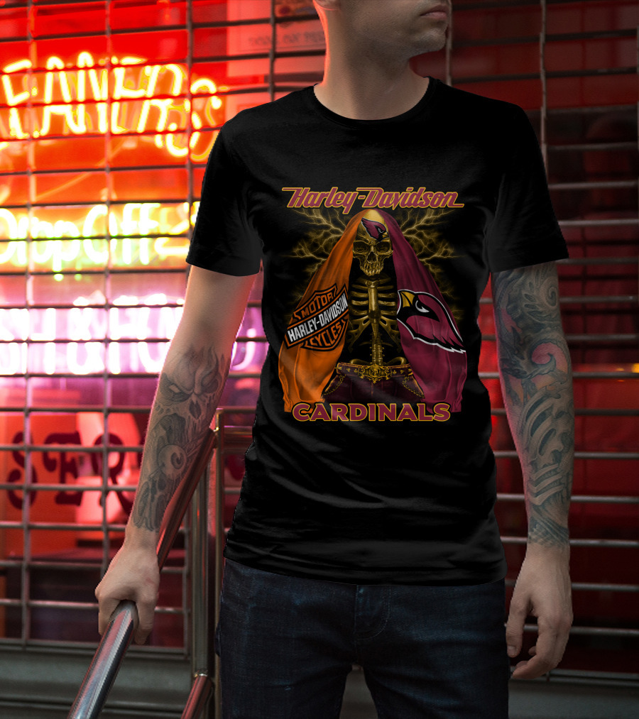 Harley Davidson Arizona Cardinals Skull And Skeleton With Logos T-Shirt
