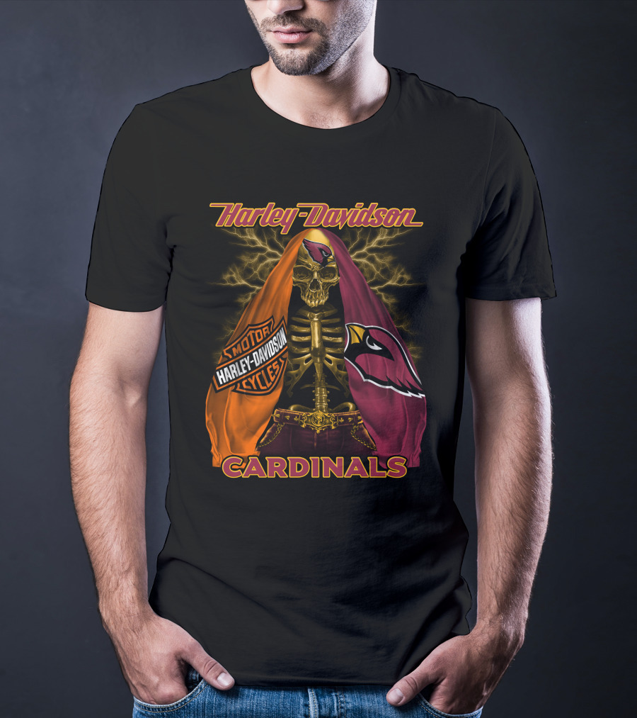 Harley Davidson Arizona Cardinals Skull And Skeleton With Logos T-Shirt