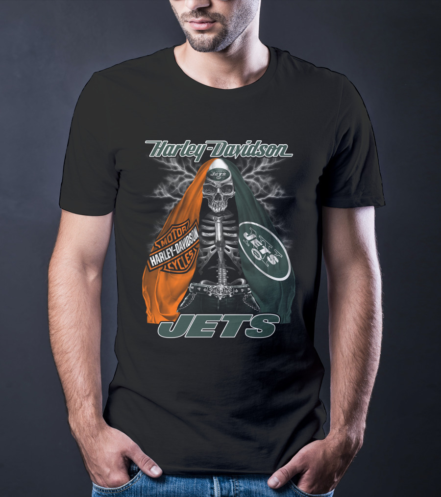 Harley Davidson New York Jets Skeleton With Flag And Lightning T-Shirt