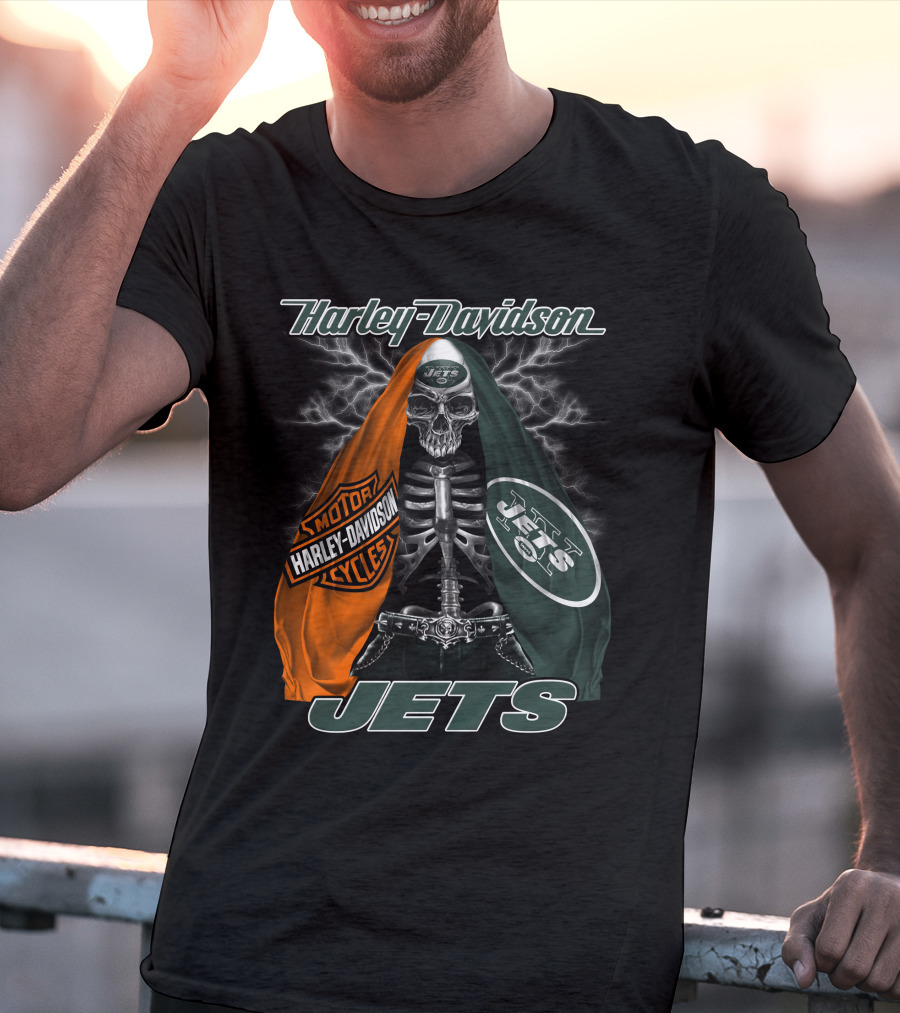 Harley Davidson New York Jets Skeleton With Flag And Lightning T-Shirt