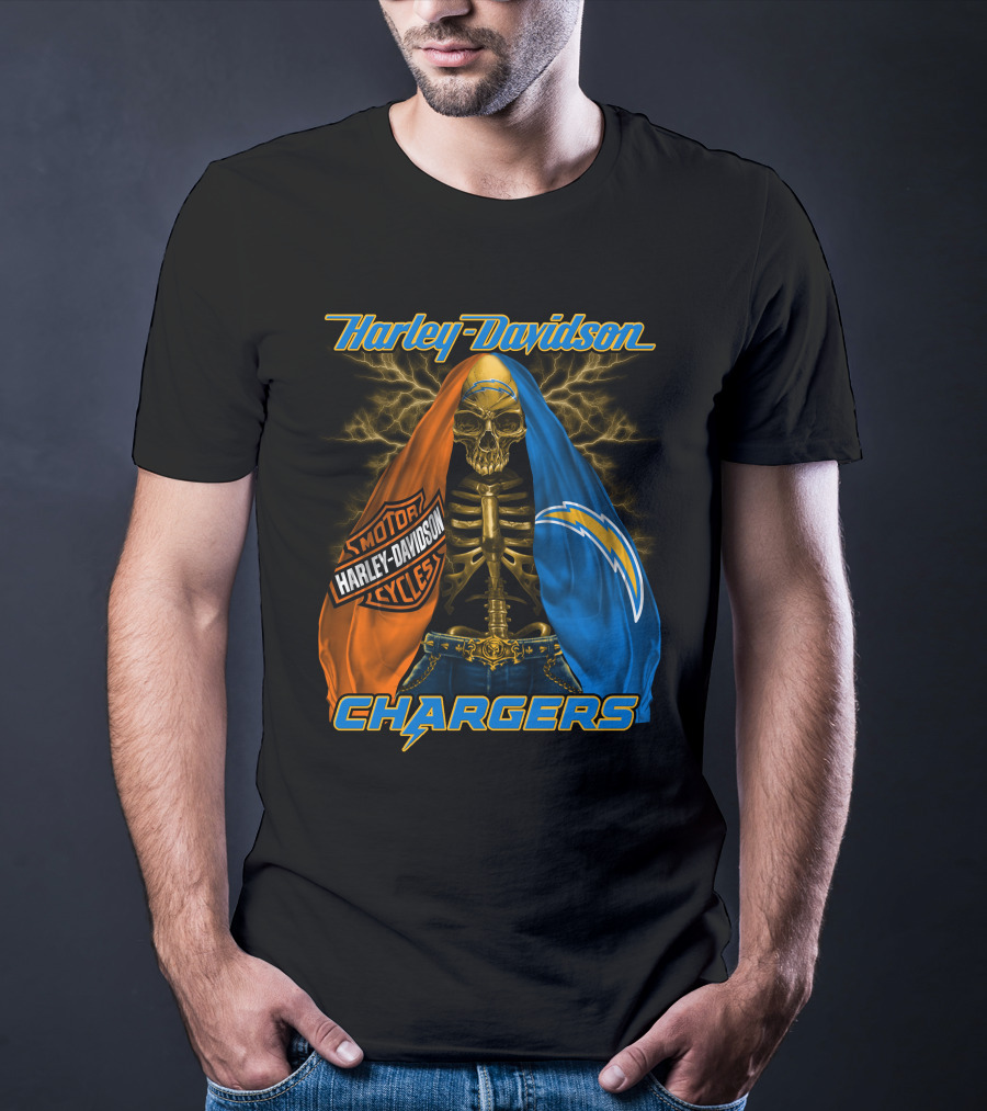 Harley Davidson Los Angeles Chargers Skeleton With Lightning Bolt And Motorcycle T-Shirt