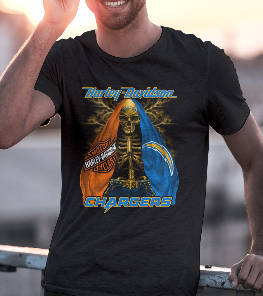 Harley Davidson Los Angeles Chargers Skeleton With Lightning Bolt And Motorcycle T-Shirt