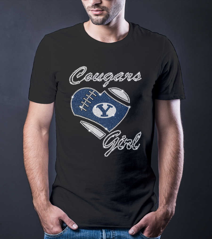 Byu Cougars Girl Football Heart Crystal T-Shirt