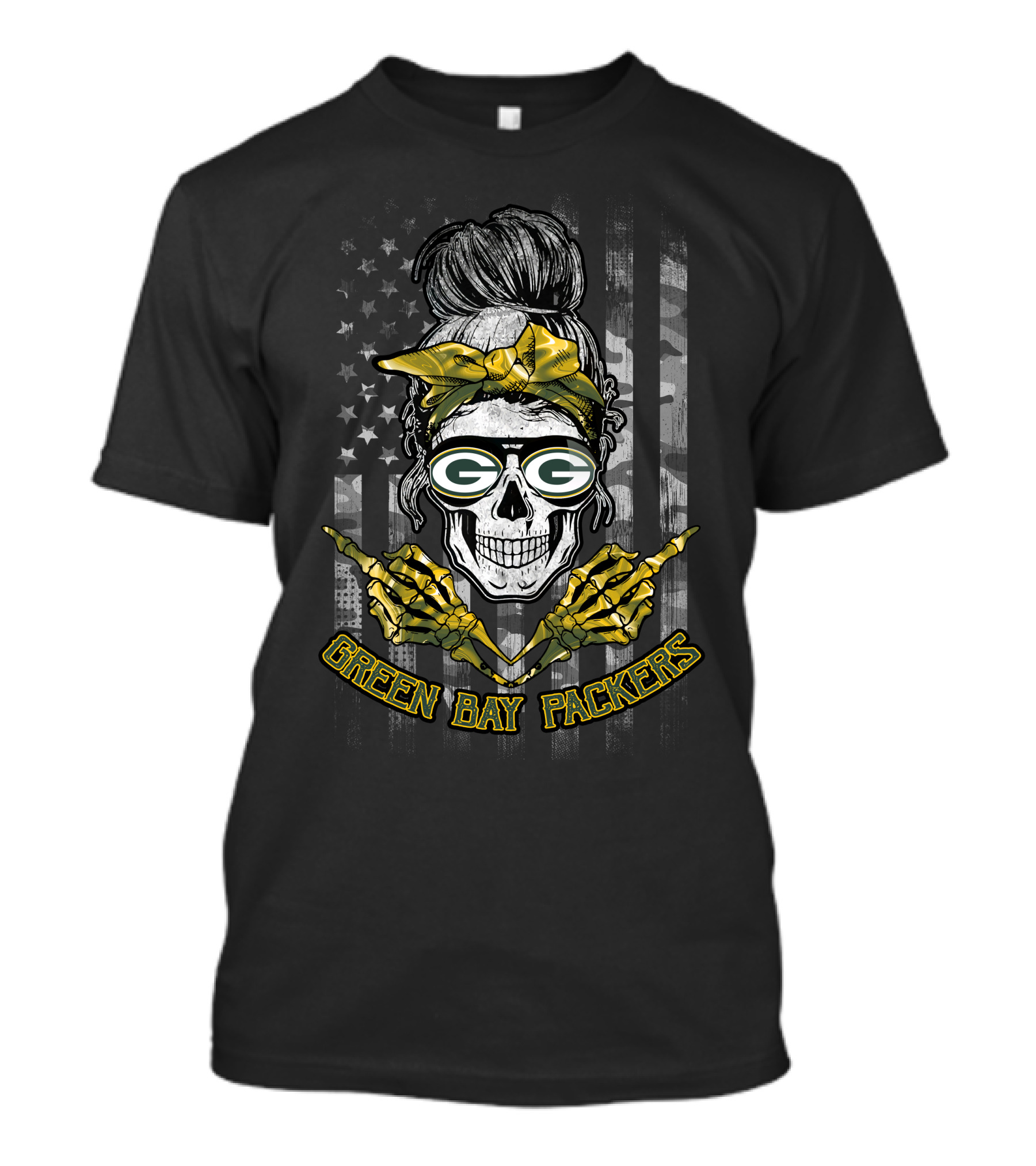 Green Bay Packers Skull Girl American Flag Yellow Bandana T-Shirt