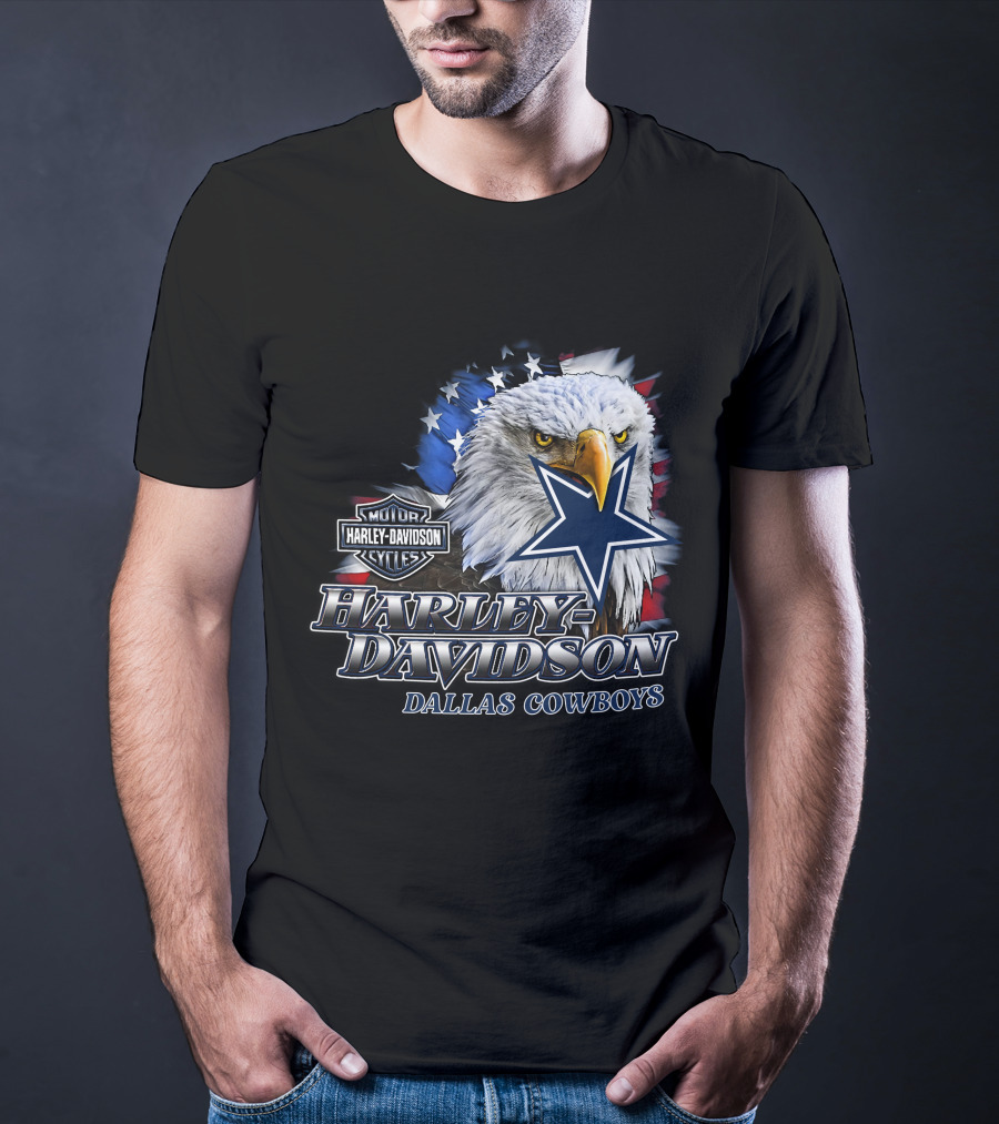 Harley Davidson Dallas Cowboys Motor Cycles Eagle Flag Star T-Shirt
