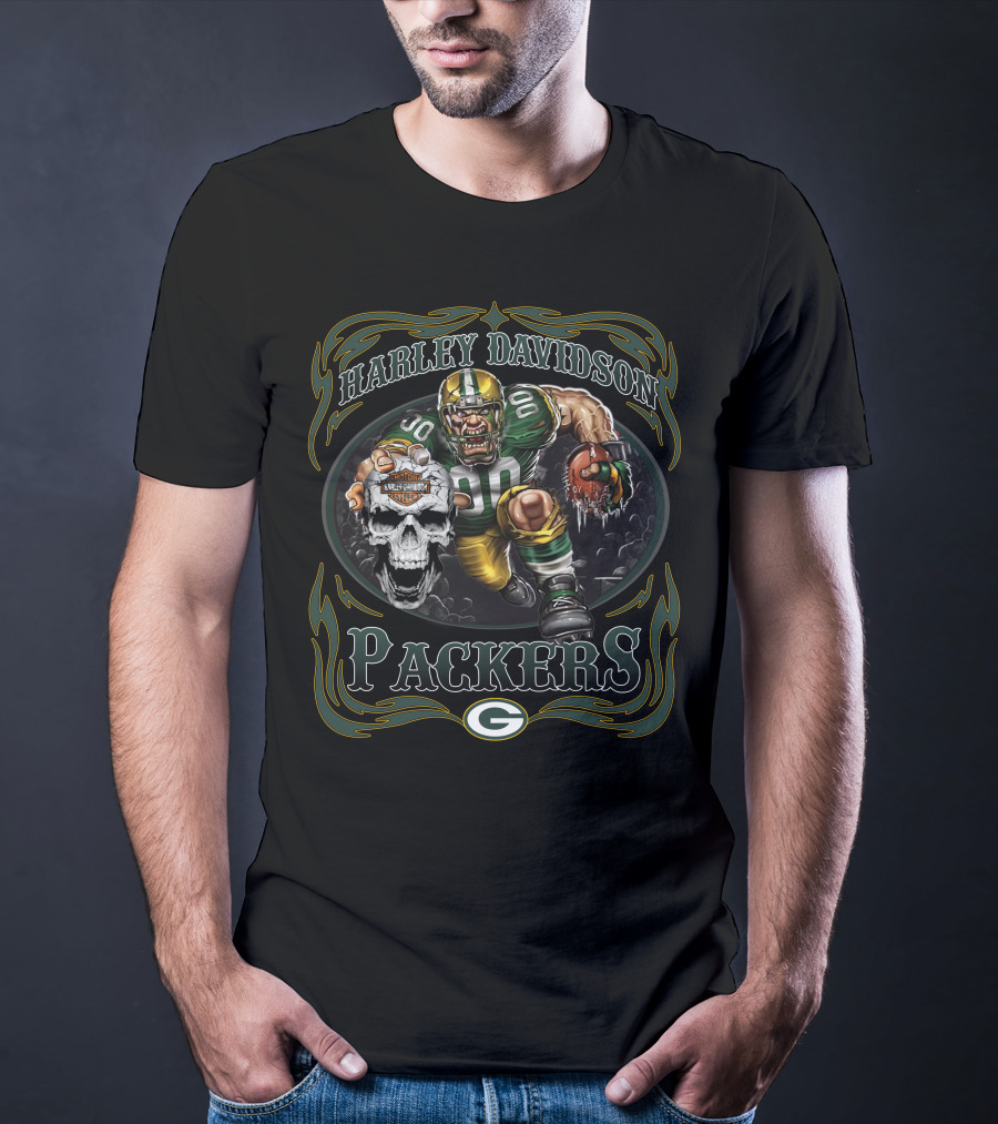 Harley Davidson Green Bay Packers Football Skull T-Shirt