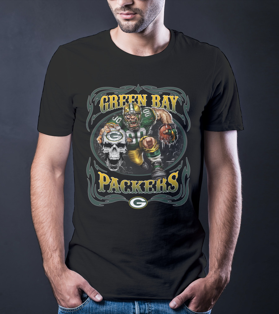 Green Bay Packers Fierce Football Warrior With Skull And Helmet T-Shirt