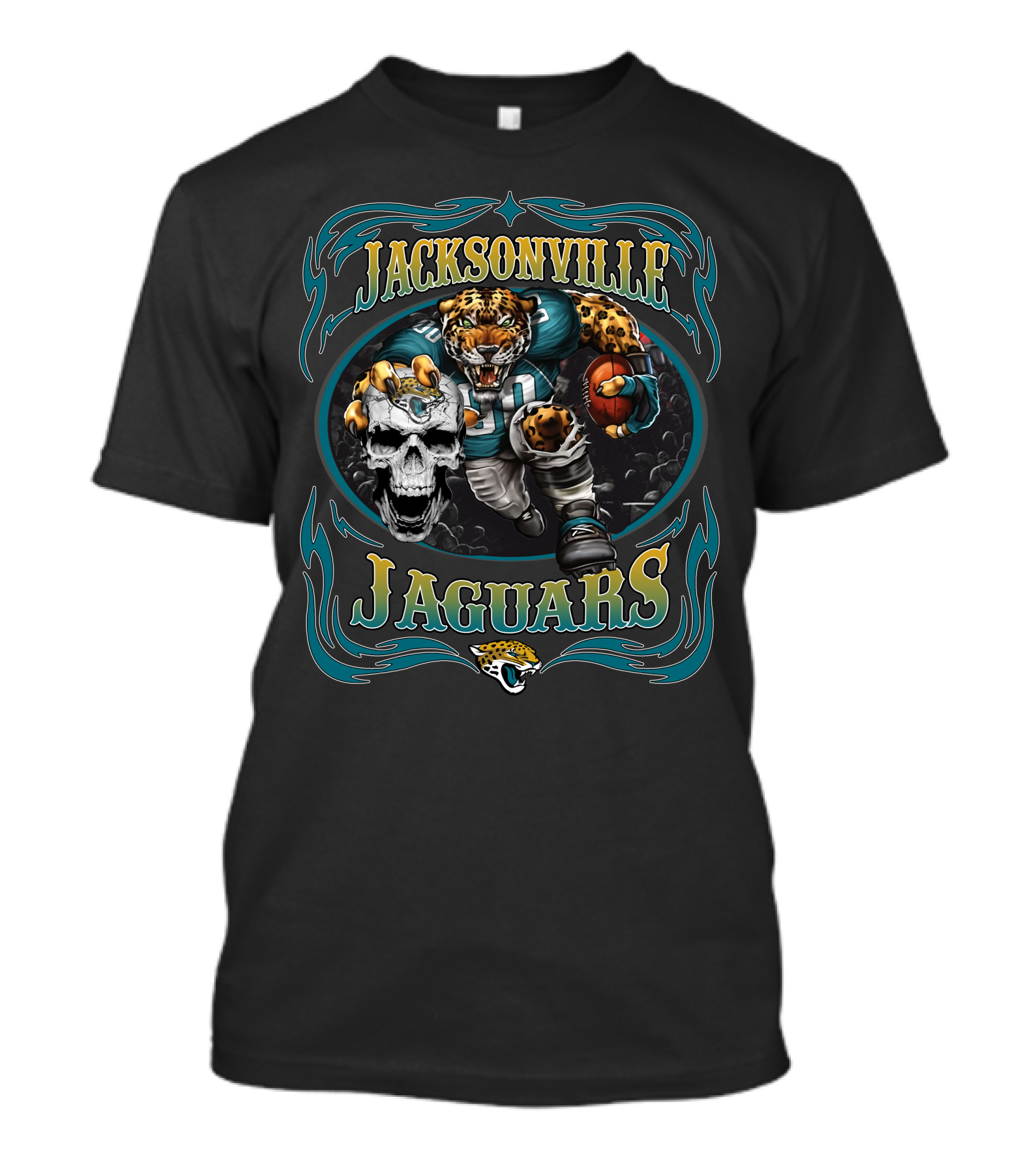 Jacksonville Jaguars Fierce Mascot And Skull Art With Teal Flames T-Shirt