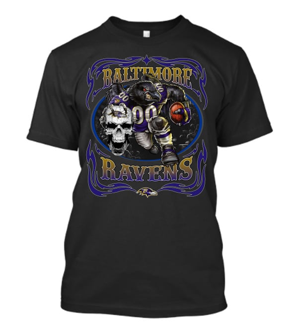 Baltimore Ravens Fierce Skull And Raven Player With Football T-Shirt