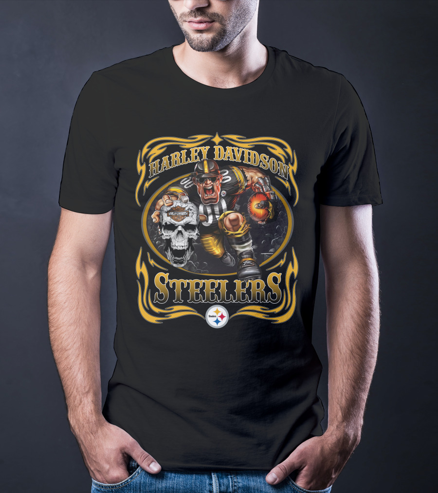 Harley Davidson Pittsburgh Steelers Football Skull Flame T-Shirt