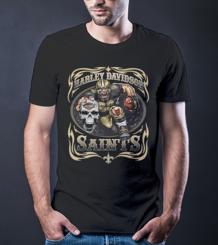 Harley Davidson New Orleans Saints Football Skull T-Shirt
