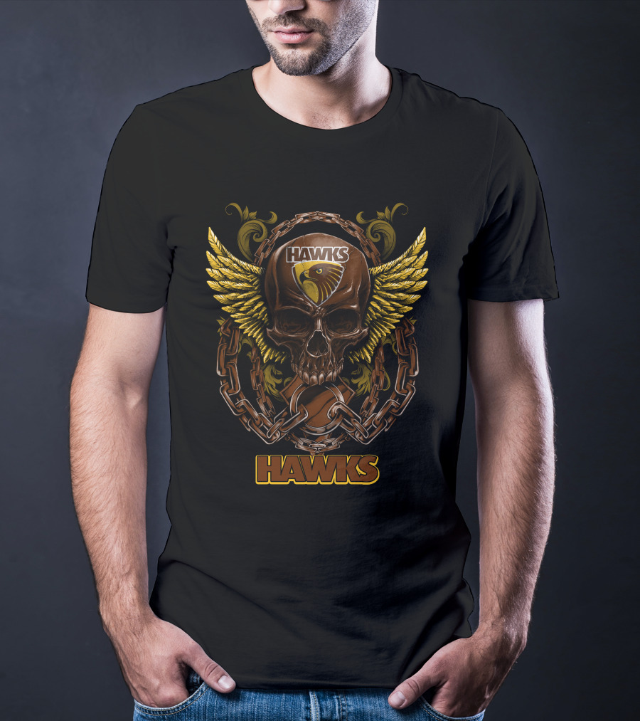 Hawthorn Hawks Skull With Wings And Chains T-Shirt