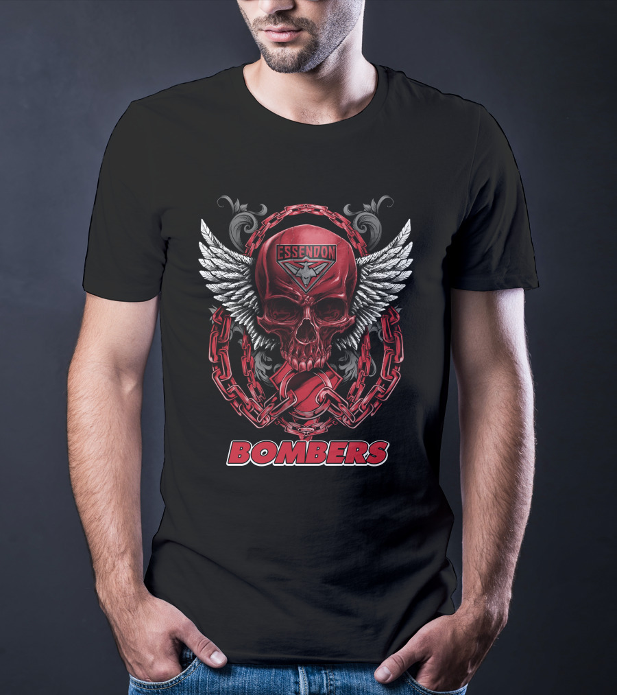 Essendon Bombers Skull With Wings And Chains T-Shirt