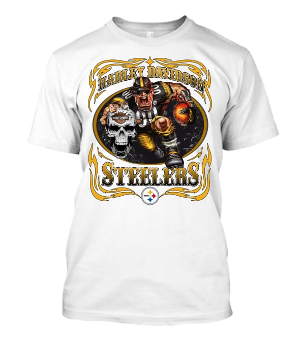 Harley Davidson Steelers Rugged Football Warrior With Fiery Helmet And Skull T-Shirt