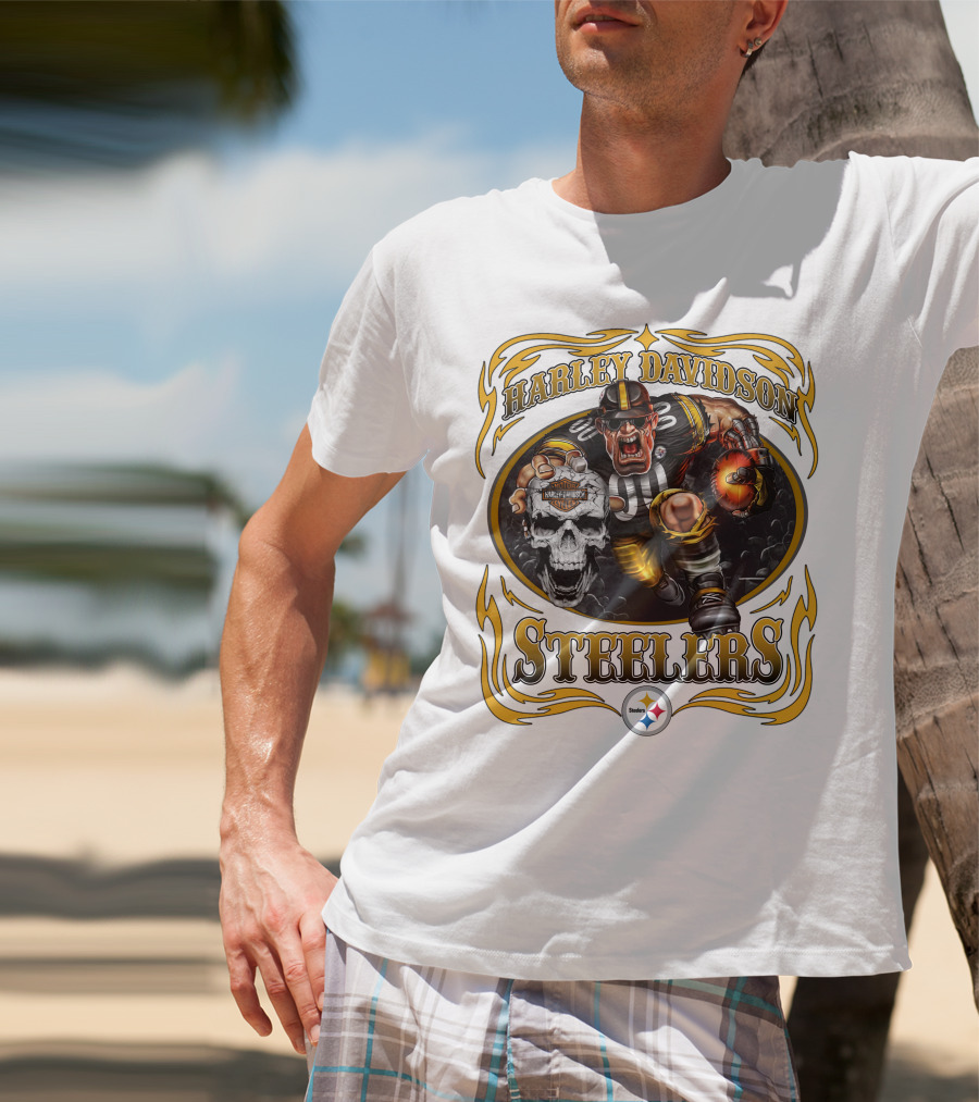 Harley Davidson Steelers Rugged Football Warrior With Fiery Helmet And Skull T-Shirt