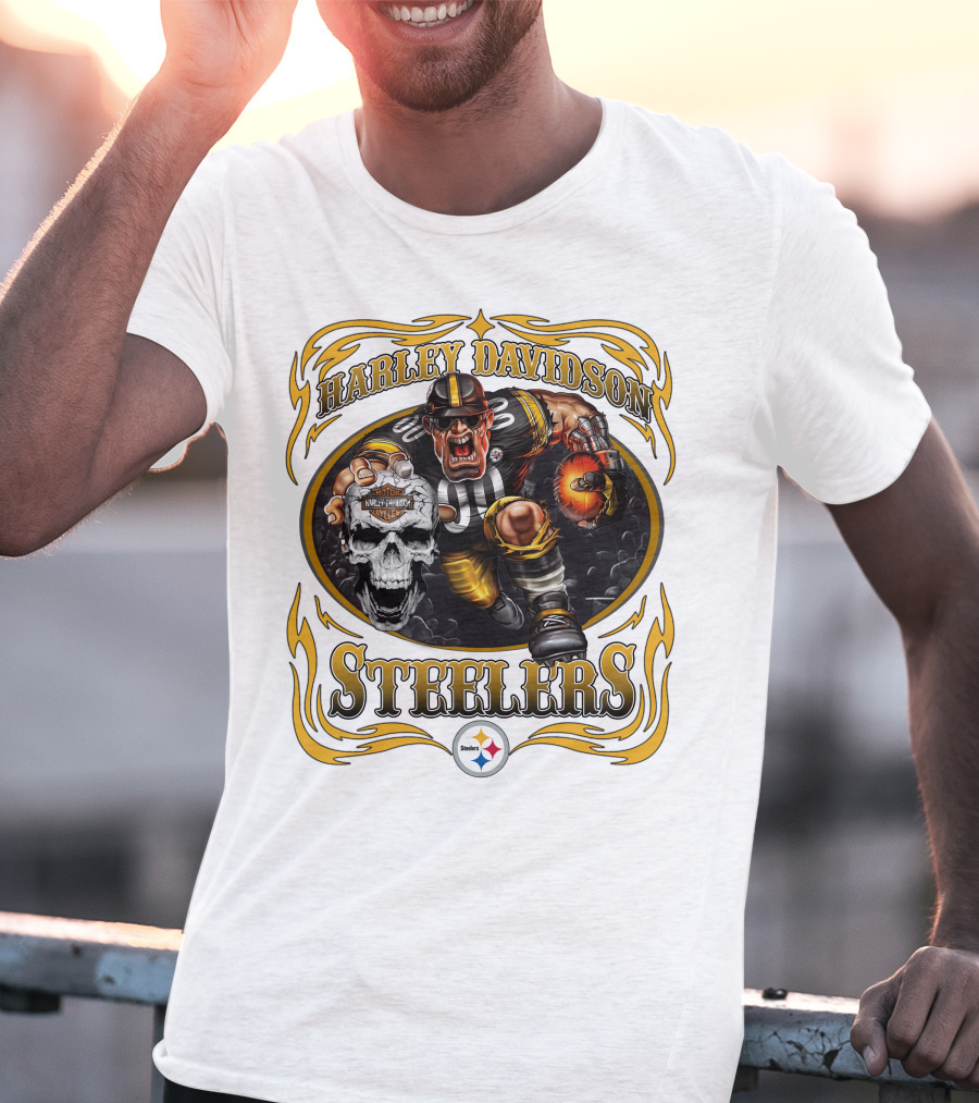 Harley Davidson Steelers Rugged Football Warrior With Fiery Helmet And Skull T-Shirt