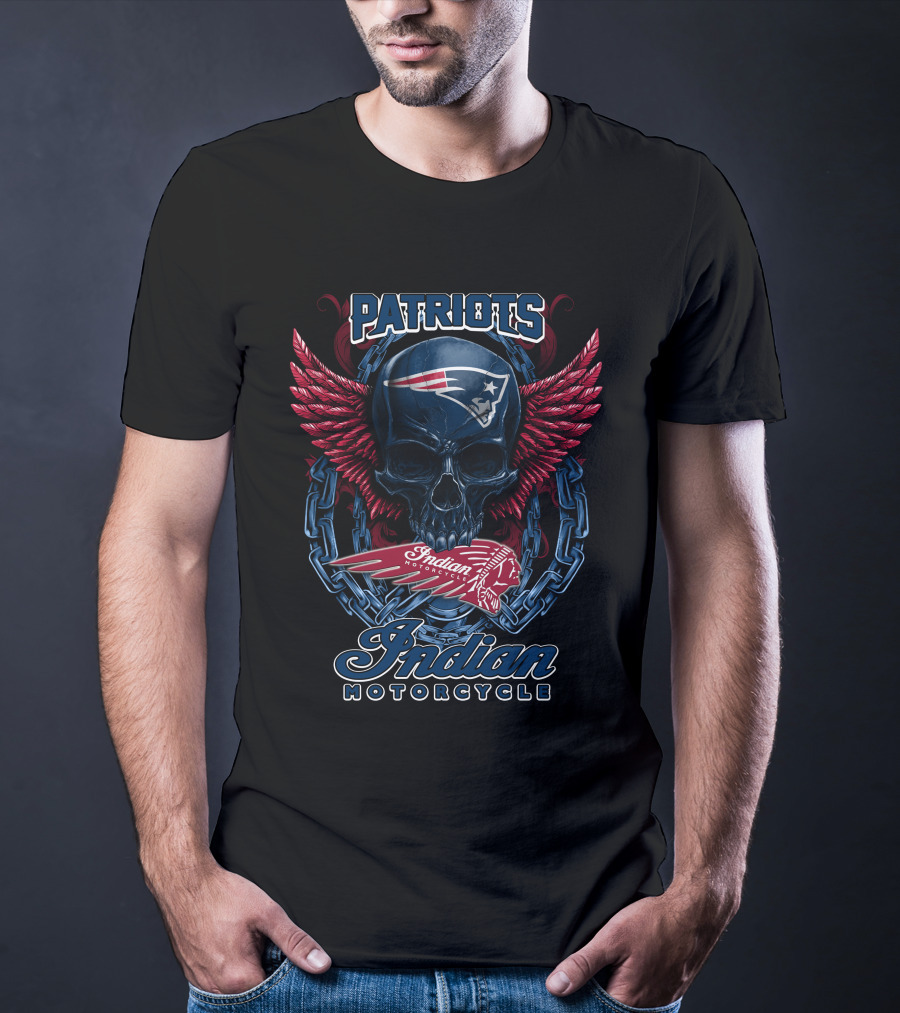 Patriots Skull With Indian Motorcycle Wings And Chains T-Shirt
