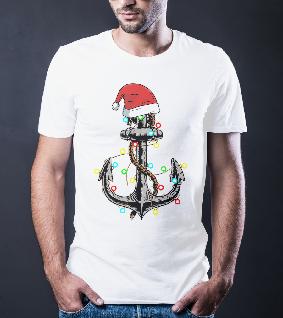 Christmas Lights Santa Hat Anchor Boating Sailing Funny Boat T-Shirt
