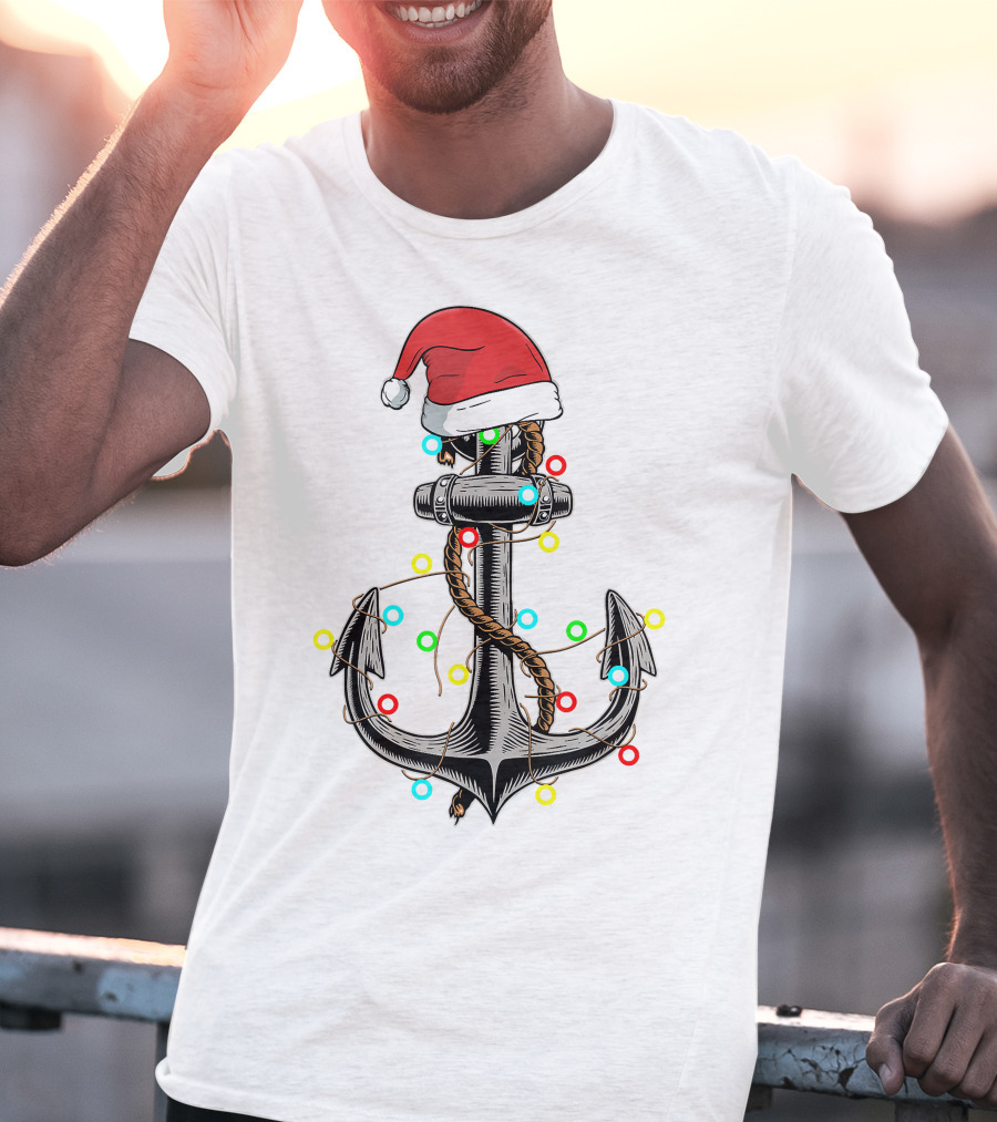 Christmas Lights Santa Hat Anchor Boating Sailing Funny Boat T-Shirt