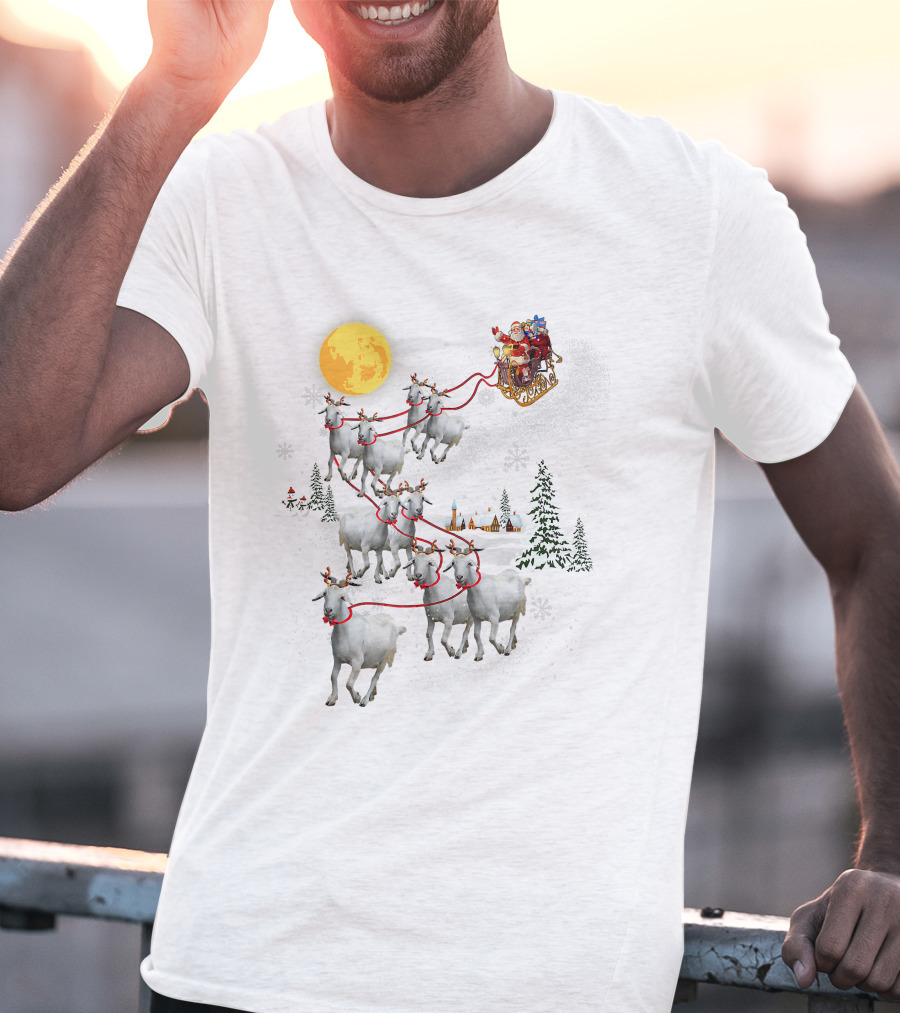Funny Santa Riding Goat Ugly Christmas Pet Lover Sleigh With Goats And Moon T-Shirt