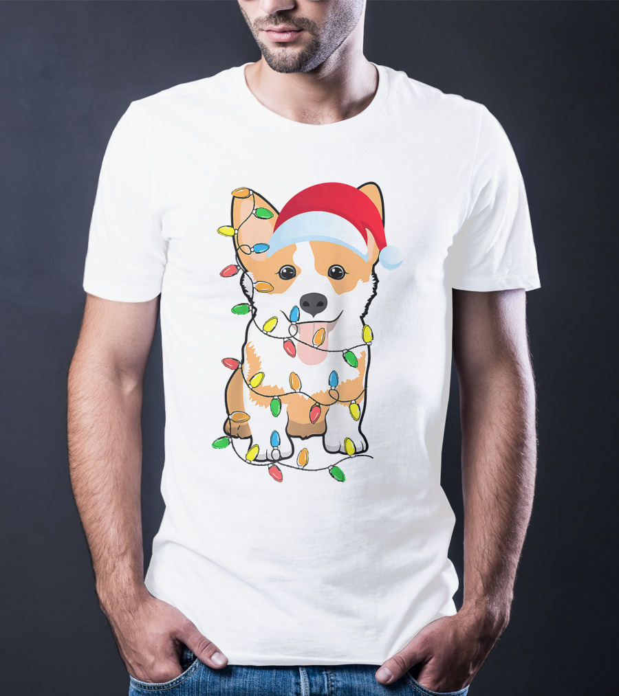 Christmas Corgi Funny Santa Hat Xmas Lights Raglan Baseball T-Shirt