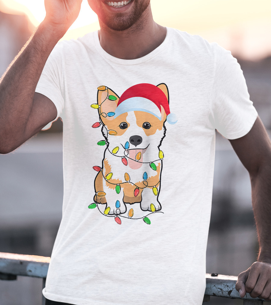 Christmas Corgi Funny Santa Hat Xmas Lights Raglan Baseball T-Shirt